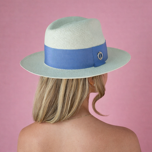 PERI Clasico Fedora Panama hat - detailed back view of finest Toquilla straw weave and periwinkle ribbon with gold logo accent - back view