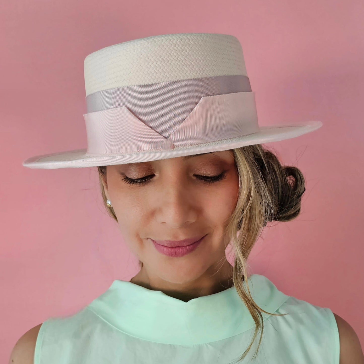 Front view of elegant ROSE boater hat