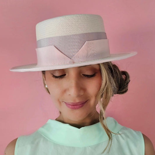 Front view of elegant ROSE boater hat