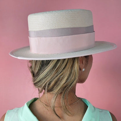 Back view of elegant ROSE boater hat