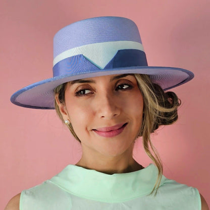 KATE boater hat - sophisticated side profile showcasing handcrafted Brisa weave and refined petersham ribbon detail