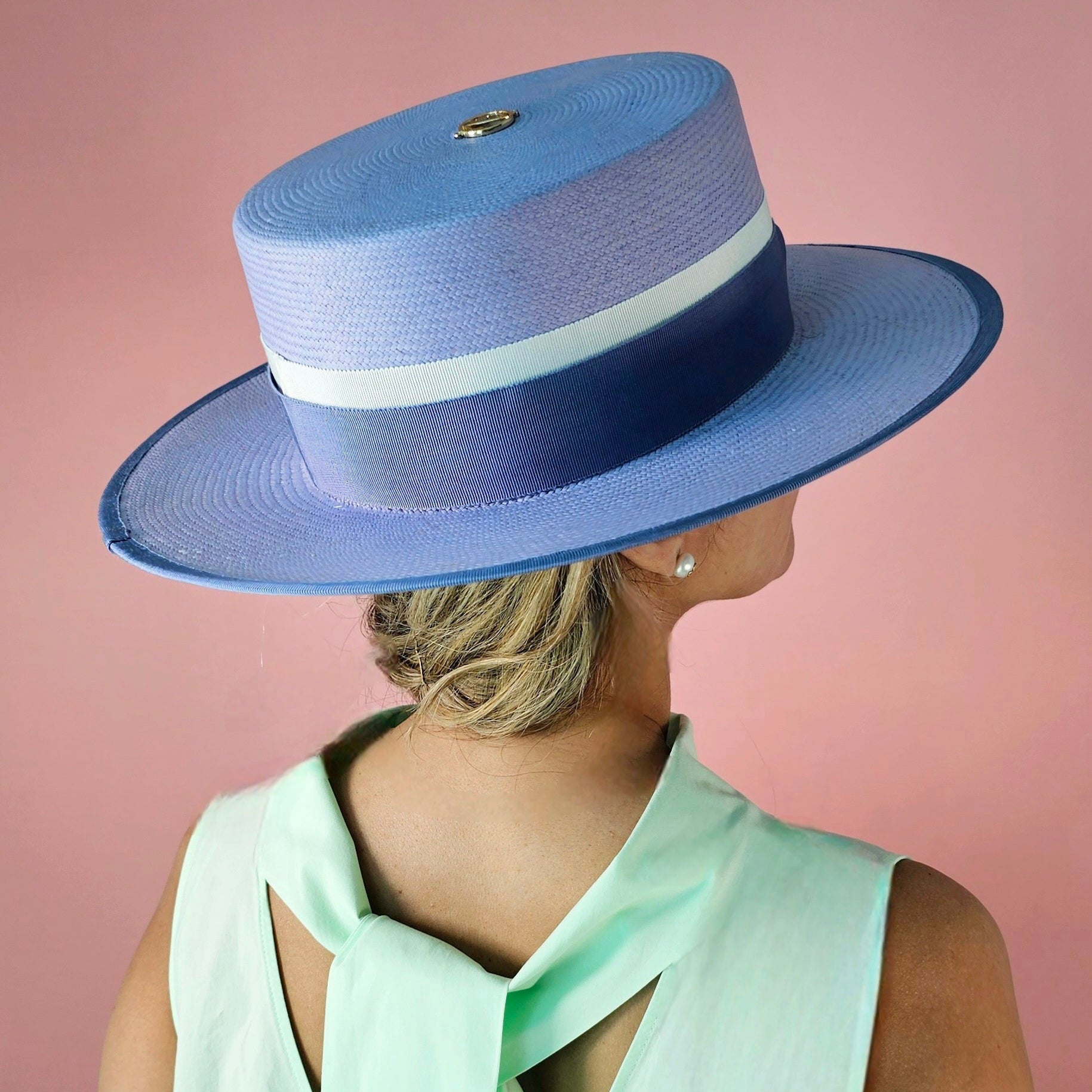KATE boater hat - detailed back view of premium Toquilla straw weave and periwinkle ribbon with gold logo accent