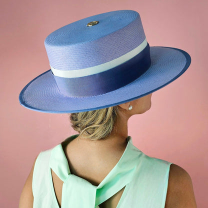 KATE boater hat - detailed back view of premium Toquilla straw weave and periwinkle ribbon with gold logo accent