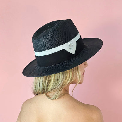 CAMILA Panama fedora hat - sophisticated side profile showcasing handcrafted black Toquilla straw and classic fedora silhouette