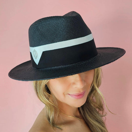 CAMILA Panama fedora hat - detailed view of premium black straw weave and expert millinery craftsmanship

