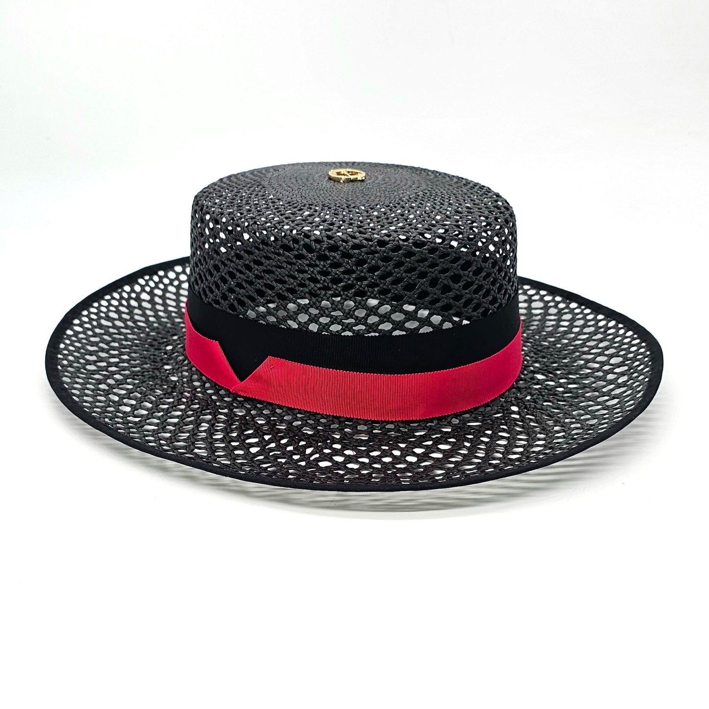 Side view of MIA black open-weave hat