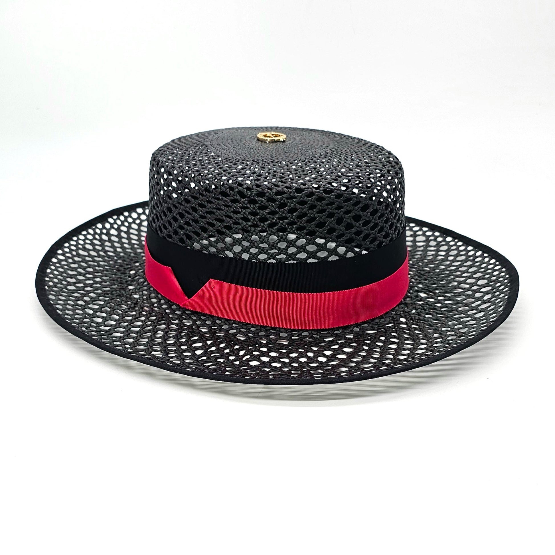 Side view of MIA black open-weave hat