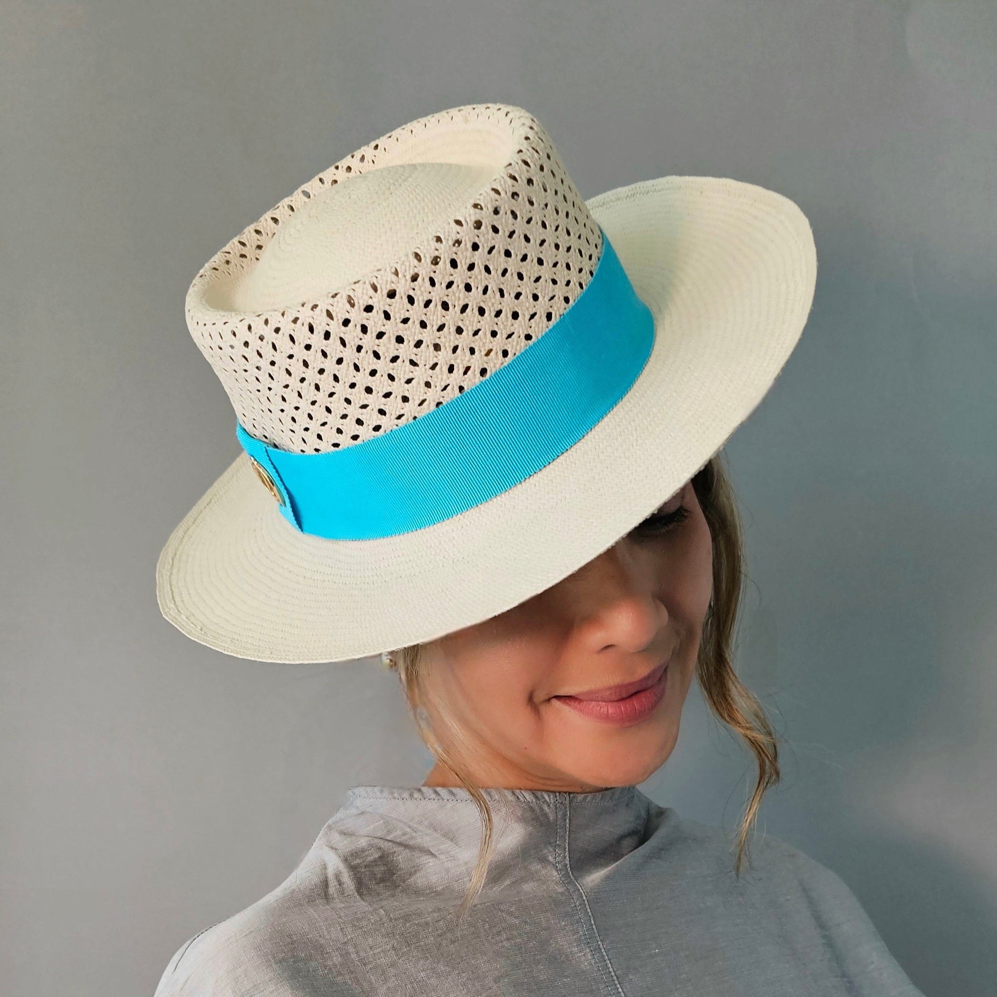 MEGHAN Open Weave Gambler Panama hat - sophisticated tipped to the side profile showcasing handwoven Montecristi open weave craftsmanship and Gambler silhouette