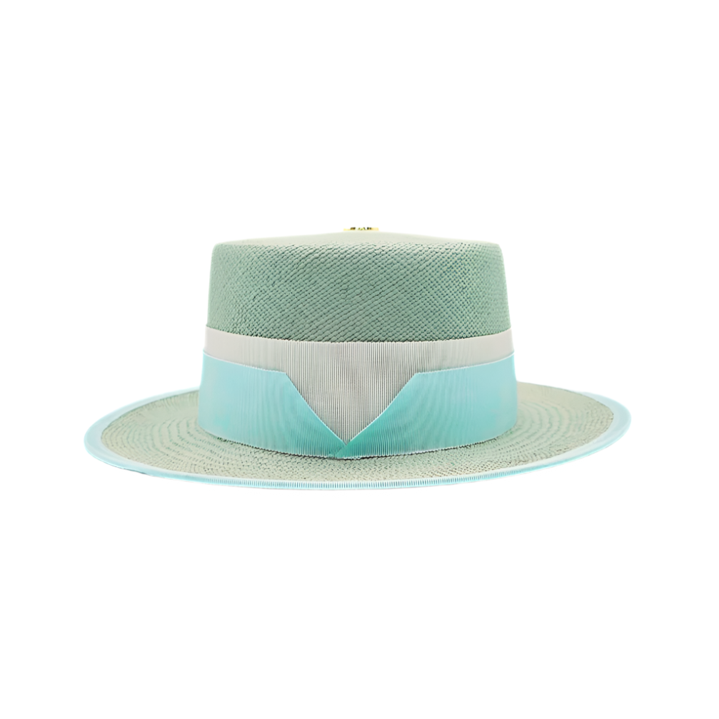 ALMA seafoam green boater hat with white and mint ribbon detail - front view
