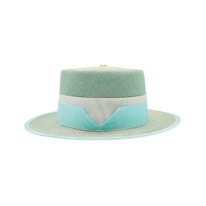 ALMA seafoam green boater hat with white and mint ribbon detail - front view
