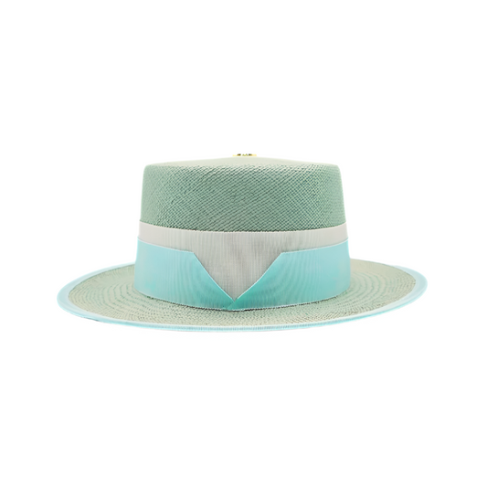 ALMA seafoam green boater hat with white and mint ribbon detail - front view
