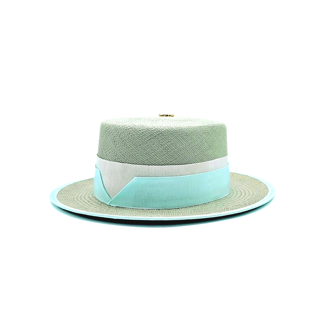 ALMA boater hat showing mint and white petersham ribbon trim 