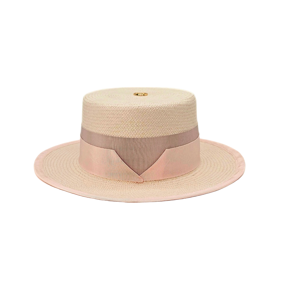front view of elegant ROSE boater hat trimmed with a soft beige and blush ribbon