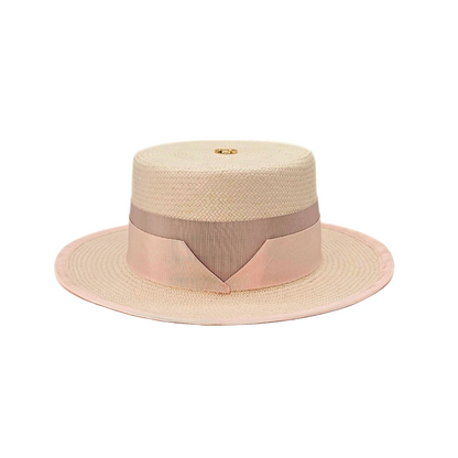 front view of elegant ROSE boater hat trimmed with a soft beige and blush ribbon