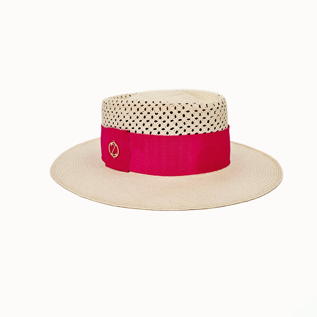 SONJA Open Weave Gambler Panama hat - authentic Montecristi design in premium Toquilla straw with raspberry red Petersham ribbon, front view