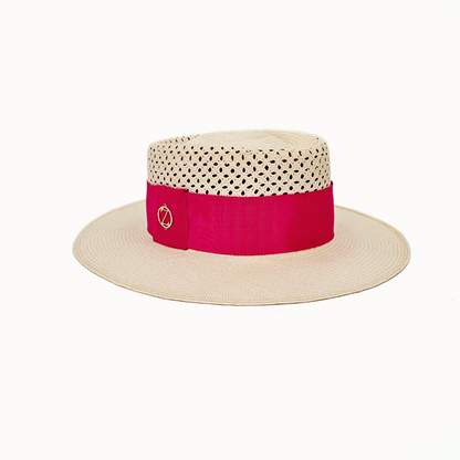 SONJA Open Weave Gambler Panama hat - authentic Montecristi design in premium Toquilla straw with raspberry red Petersham ribbon, front view