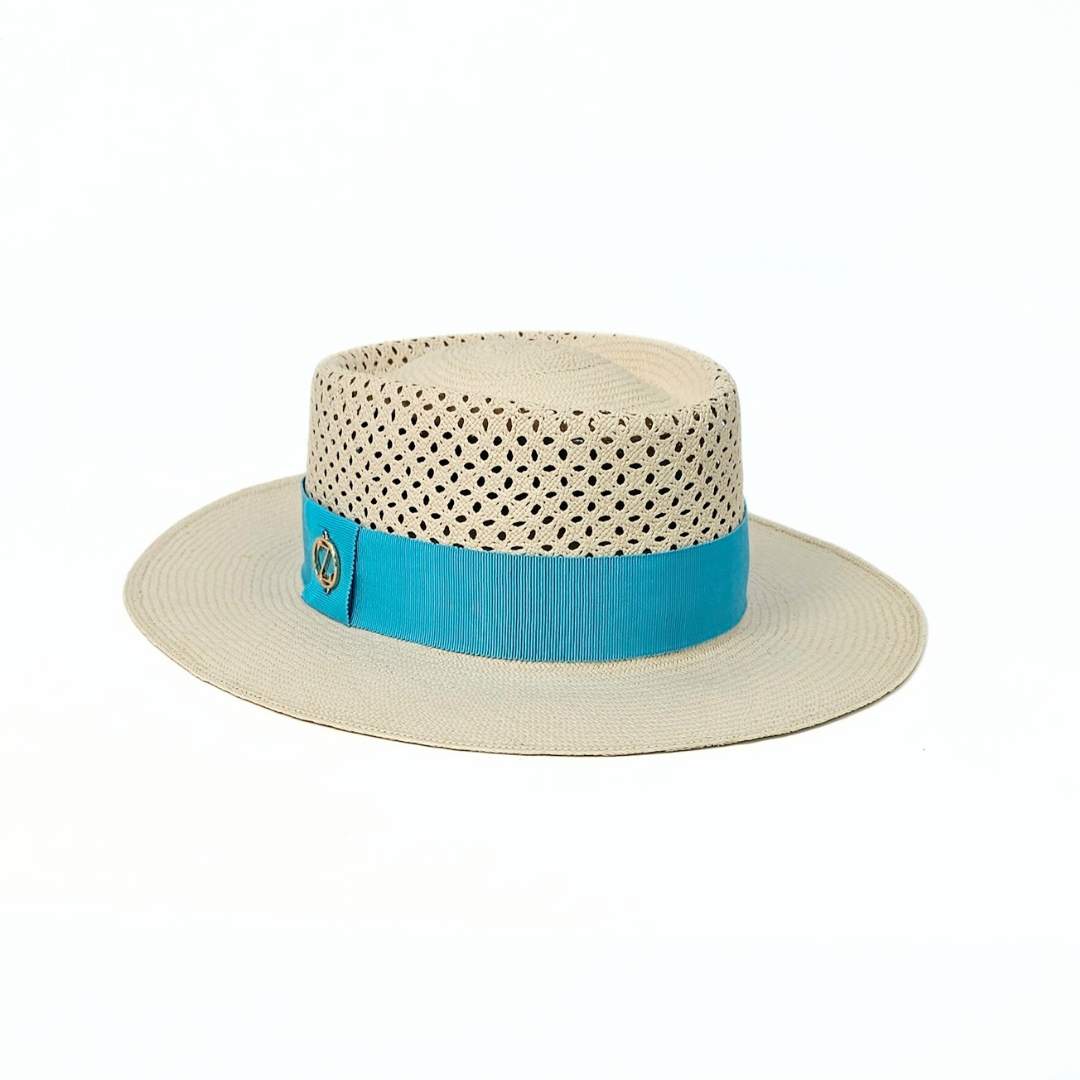 MEGHAN Open Weave Gambler Panama hat - authentic Montecristi design in premium Toquilla straw with aqua Petersham ribbon