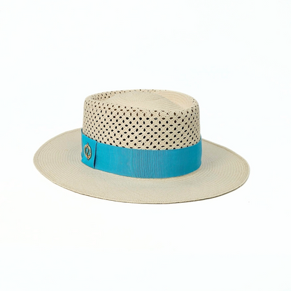 MEGHAN Open Weave Gambler Panama hat - authentic Montecristi design in premium Toquilla straw with aqua Petersham ribbon