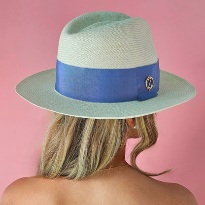 PERI Clasico Fedora Panama hat - detailed  back view of finest Toquilla straw weave and periwinkle ribbon with gold logo accent - back view