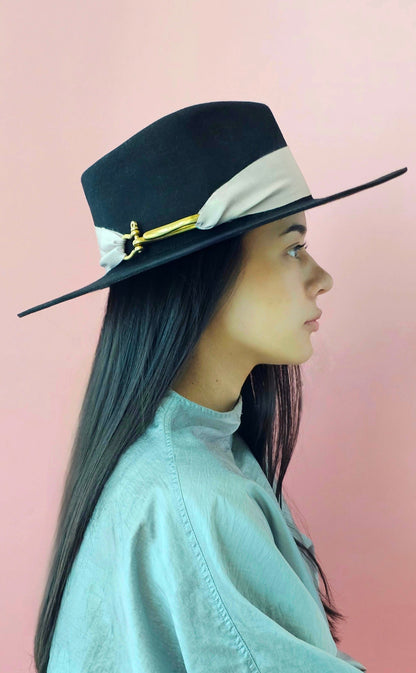 Wool Fedora Black & Tan - elegant side profile showcasing premium Australian wool craftsmanship and classic fedora silhouette