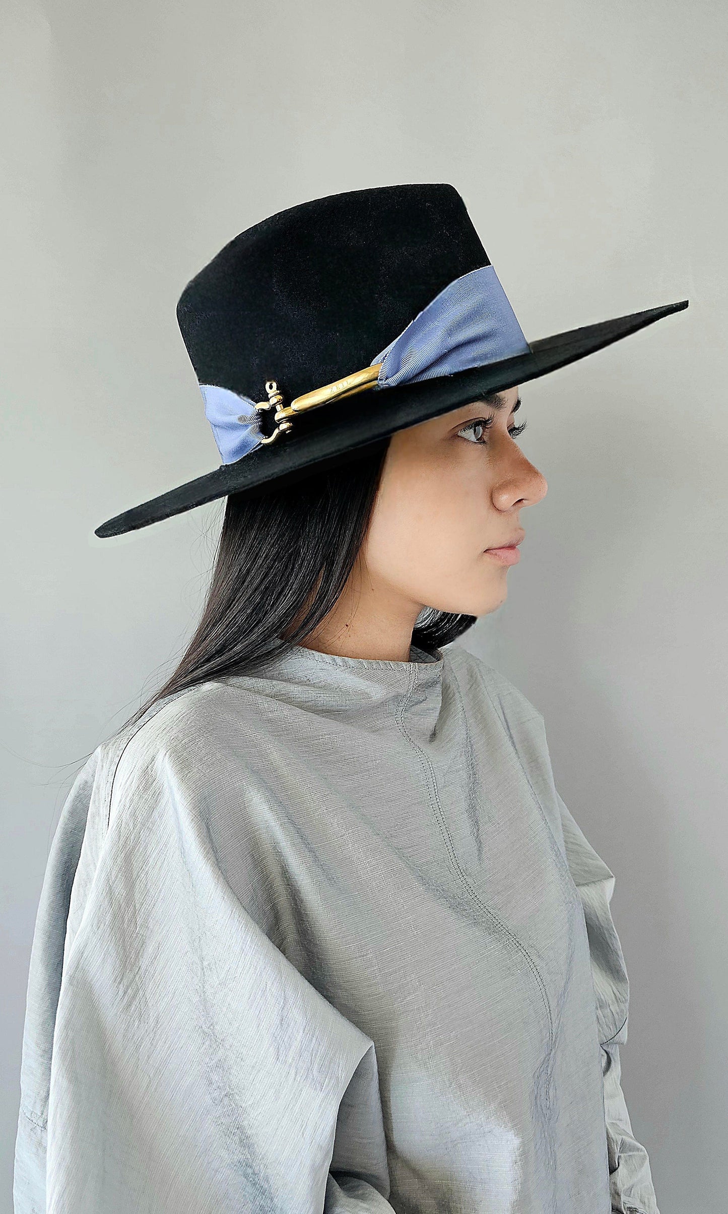Black & periwinkle wool fedora hat front view showing premium Australian wool texture and elegant two-tone design