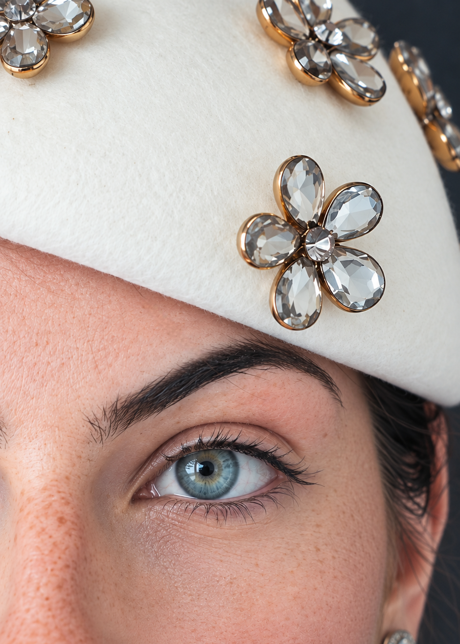 Close up of crystal flowers on the Emilie hat