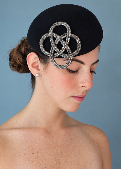 Fleur Percher hat with silver metallic knot embellishment