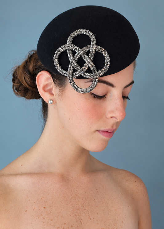Fleur Percher hat with silver metallic knot embellishment