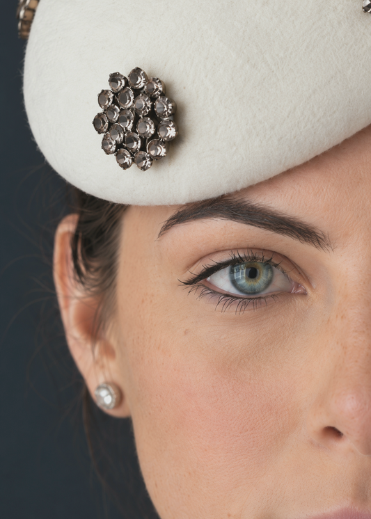 Close up of rhinestones on Lady D percher hat