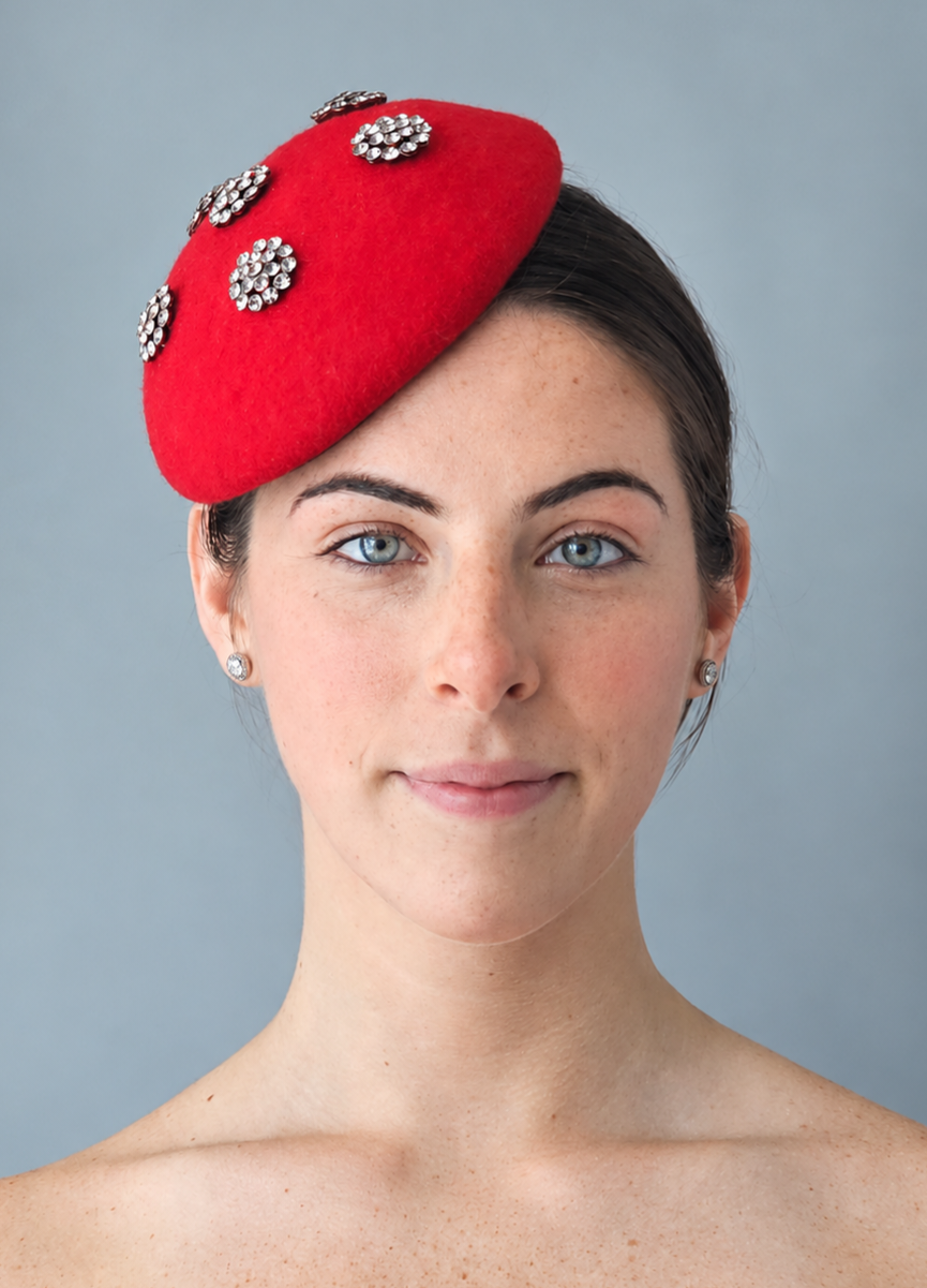  Bright red felt  Ladybird Percher hhat adorned with silver rhinestones.