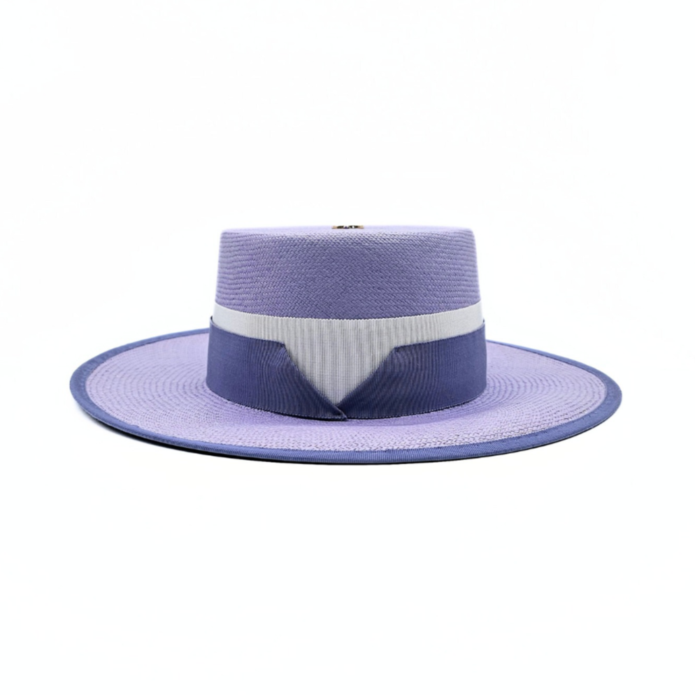 KATE boater hat - elegant light violet design in premium Toquilla straw with periwinkle and white ribbon, front view