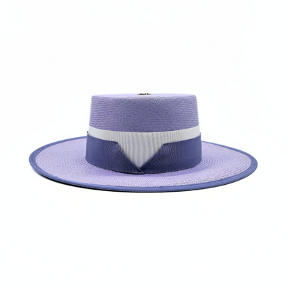 KATE boater hat - elegant light violet design in premium Toquilla straw with periwinkle and white ribbon, front view