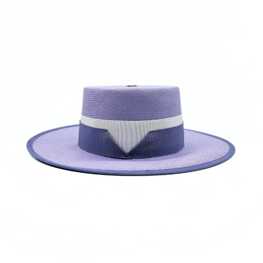 KATE boater hat - elegant light violet design in premium Toquilla straw with periwinkle and white ribbon, front view