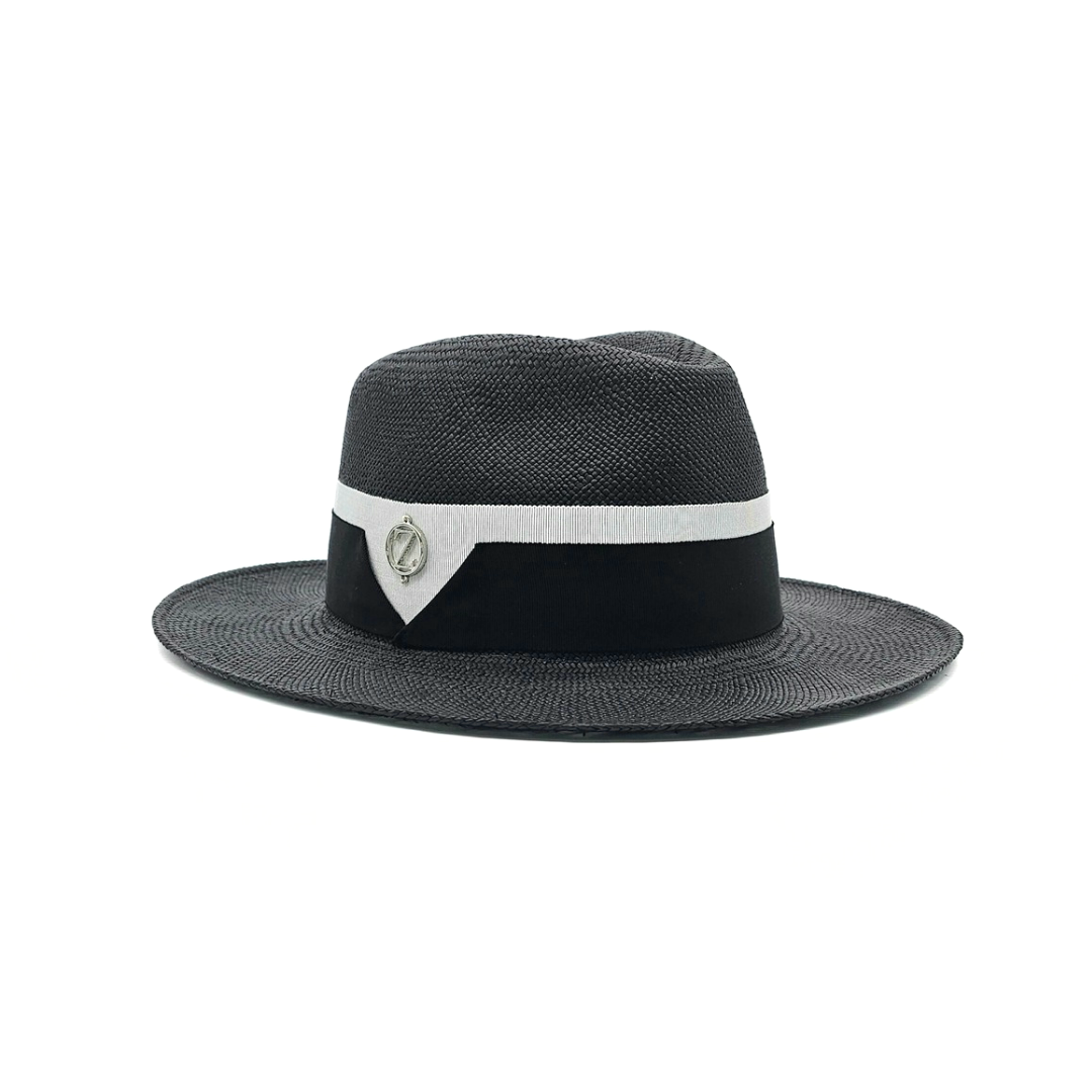 CAMILA Panama fedora hat - elegant black design in premium Toquilla straw, front view with luxury branding