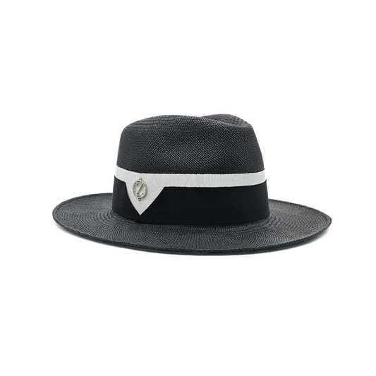 CAMILA Panama fedora hat - elegant black design in premium Toquilla straw, front view with luxury branding