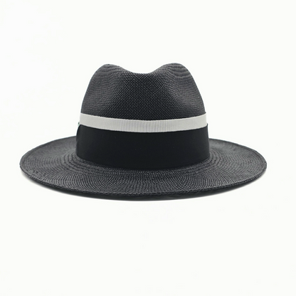 CAMILA Panama fedora hat - detailed view of premium black straw weave and expert millinery craftsmanship