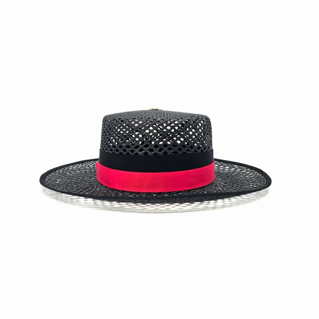 MIA black open weave boater hat with red petersham ribbon detail
