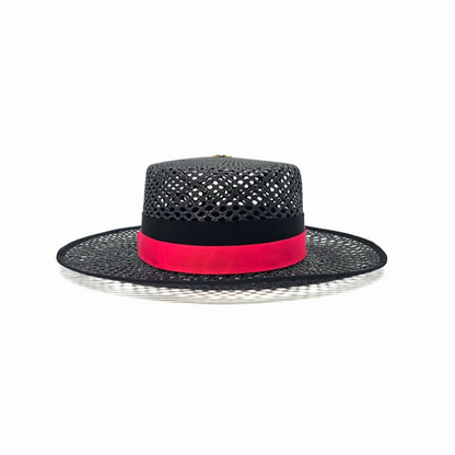 MIA black open weave boater hat with red petersham ribbon detail