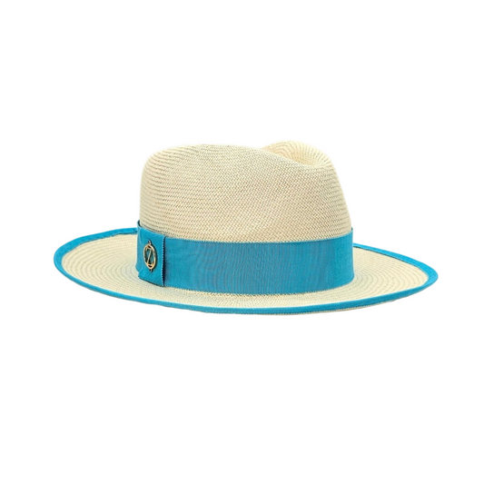 ISA classic Panama hat - authentic Montecristi design in premium Toquilla straw with aqua Petersham ribbon, front view