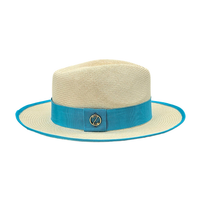 ISA classic Panama hat - sophisticated side profile showcasing handwoven Montecristi craftsmanship and aqua ribbon detail
