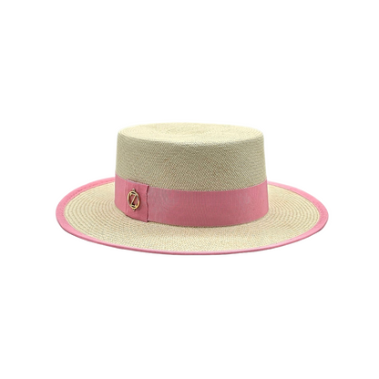 PAULINA Cordobes Panama hat - elegant styling showcase with luxury millinery branding and powder pink ribbon detail