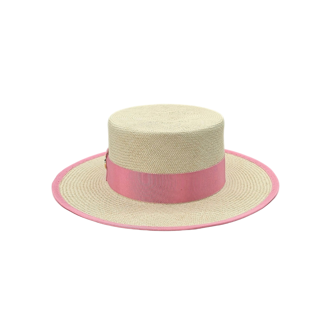PAULINA Cordobes Panama hat - detailed view of finest Toquilla straw weave with powder pink ribbon and gold logo accent