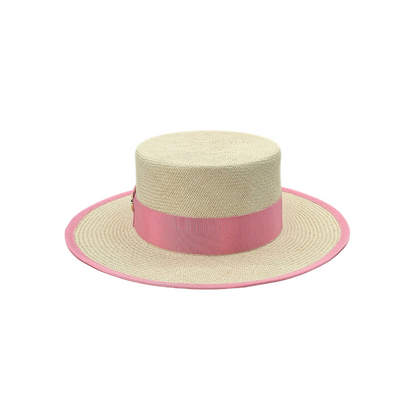 PAULINA Cordobes Panama hat - detailed view of finest Toquilla straw weave with powder pink ribbon and gold logo accent