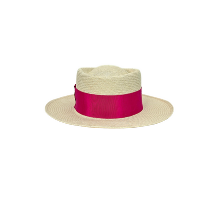 PAMELA Gambler Panama hat - authentic Montecristi design in premium Toquilla straw with raspberry red Petersham ribbon, front view