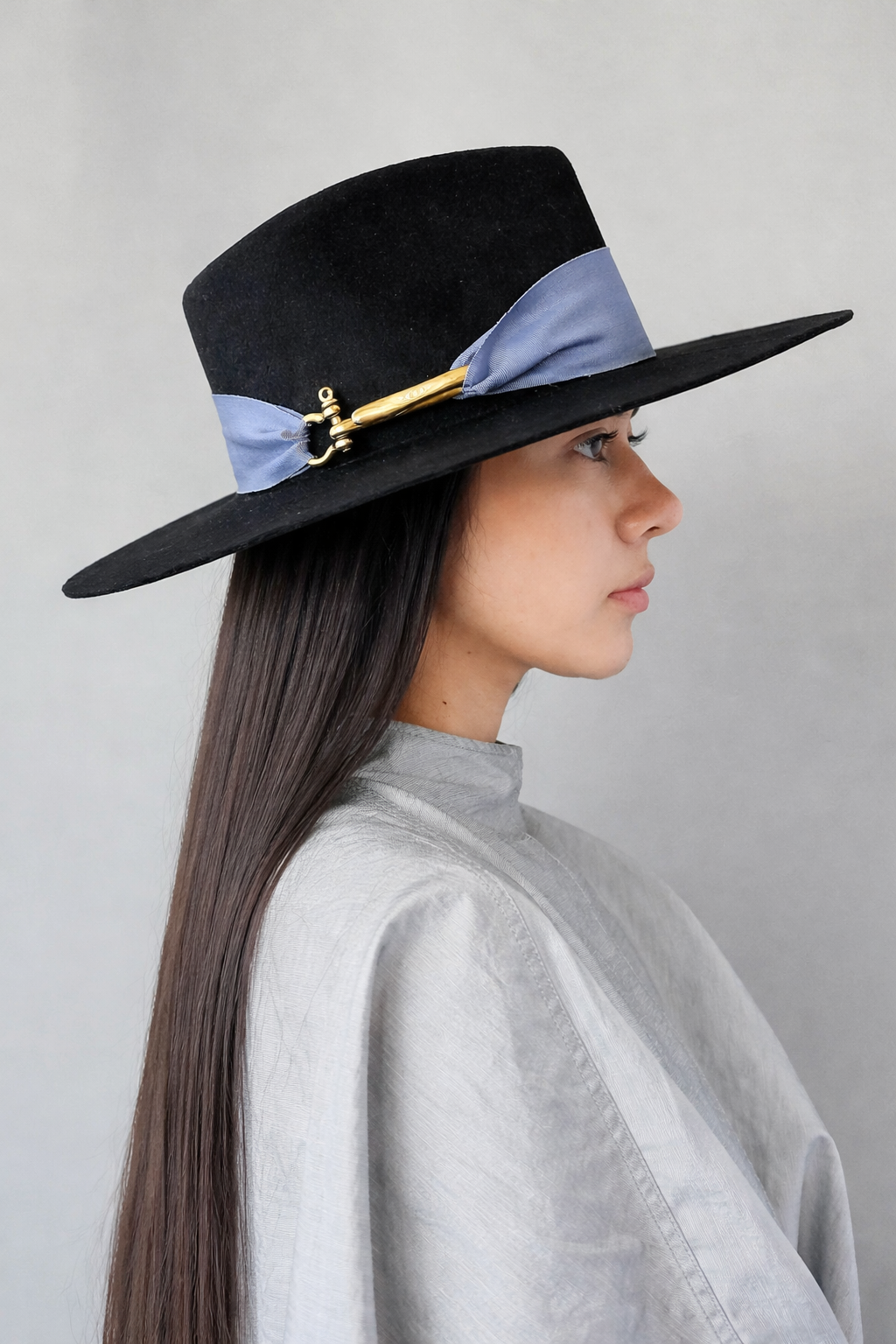 Black & periwinkle wool fedora hat front view showing premium Australian wool texture and elegant two-tone design