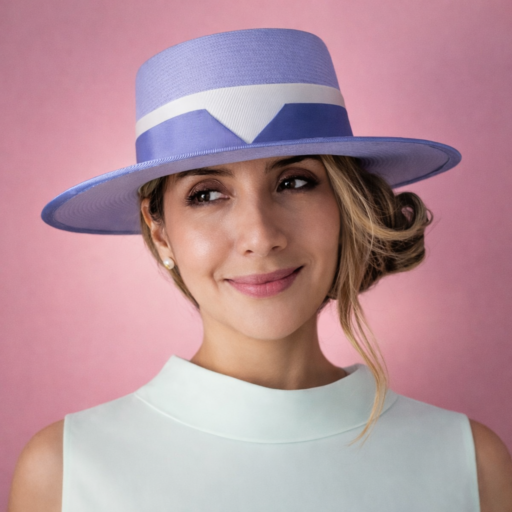 KATE boater hat - elegant light violet design in premium Toquilla straw with periwinkle and white ribbon, front view