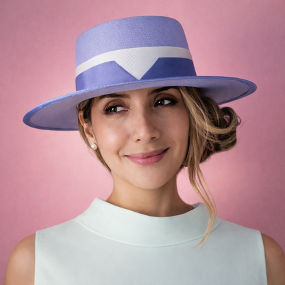 KATE boater hat - elegant light violet design in premium Toquilla straw with periwinkle and white ribbon, front view