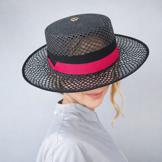 Model wearing Mia elegant open weave hat