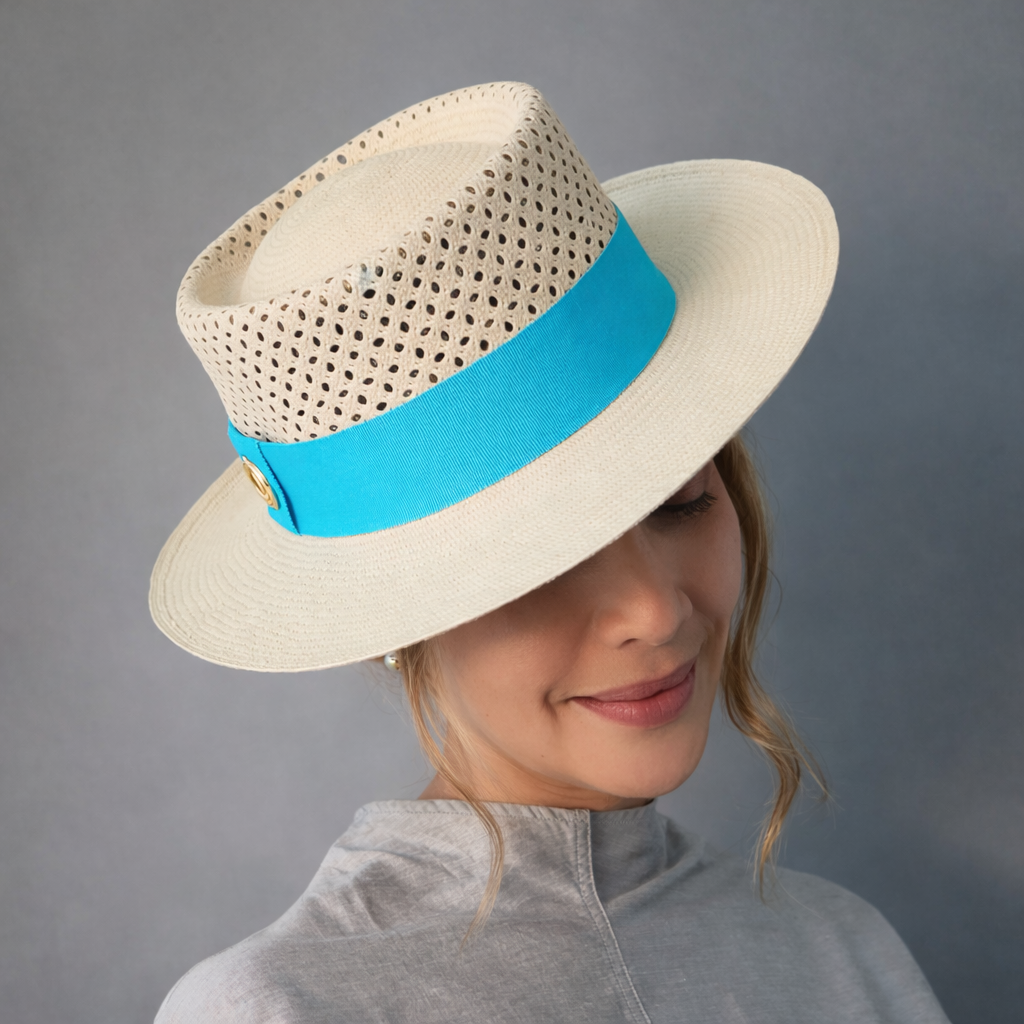 MEGHAN Open Weave Gambler Panama hat - sophisticated tipped to the side profile showcasing handwoven Montecristi open weave craftsmanship and Gambler silhouette