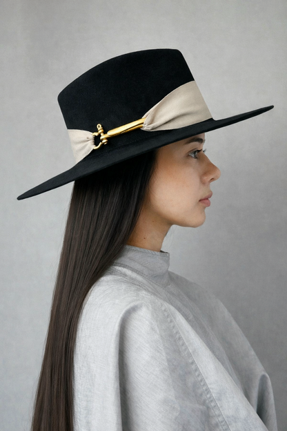 Wool Fedora Black & Tan - detailed view of luxury Australian wool texture and Miami millinery design